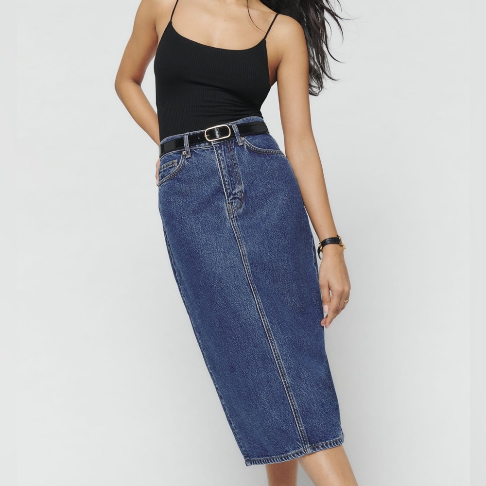 Reformation denim midi skirt